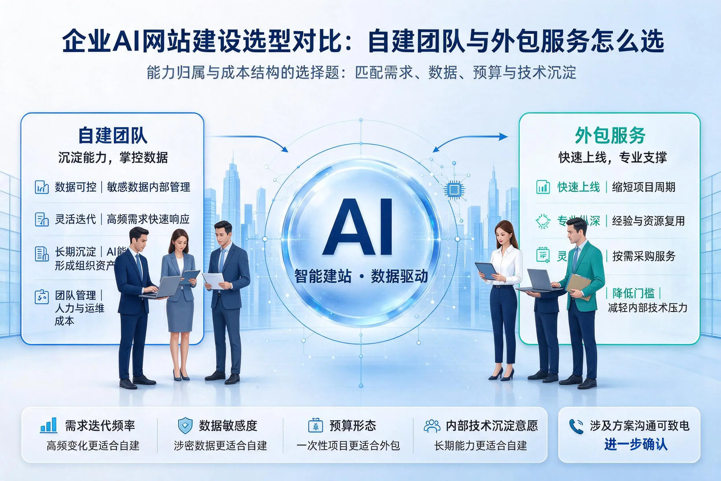 南充企业AI网站建设选型对比：自建团队与外包服务怎么选